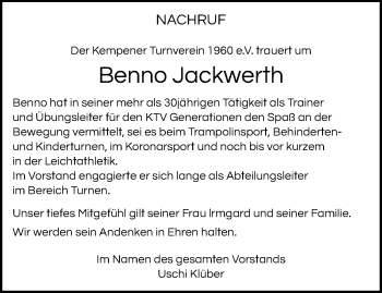 Traueranzeige von Benno Jackwerth von trauer.mein.krefeld.de