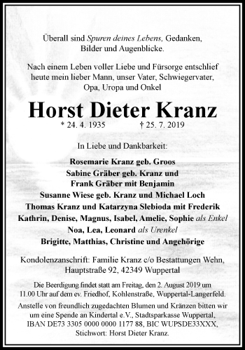 Traueranzeige von Horst Dieter Kranz von trauer.wuppertaler-rundschau.de