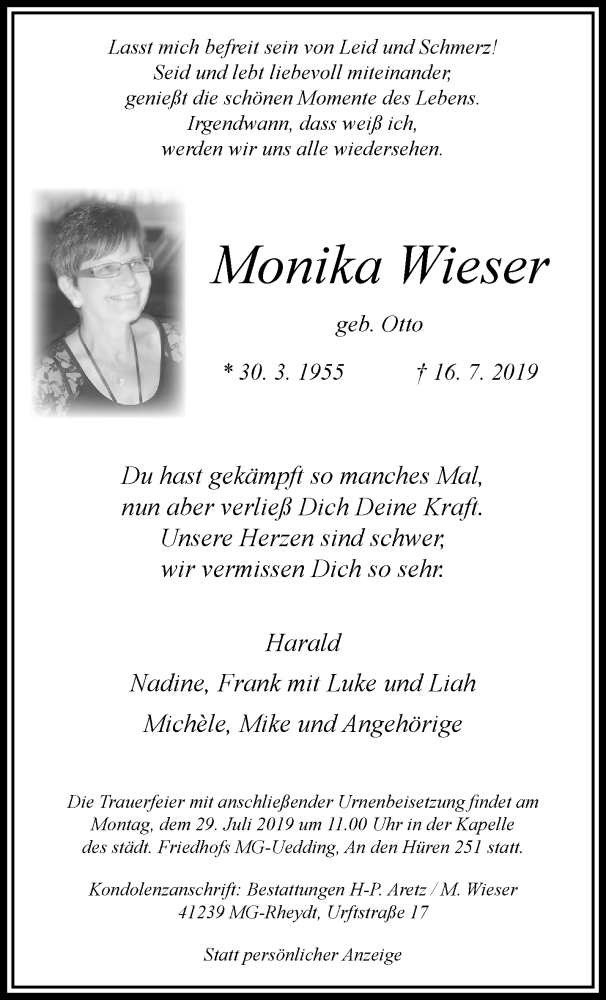  Traueranzeige für Monika Wieser vom 28.07.2019 aus trauer.extra-tipp-moenchengladbach.de