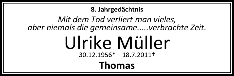  Traueranzeige für Ulrike Müller vom 21.07.2019 aus trauer.mein.krefeld.de