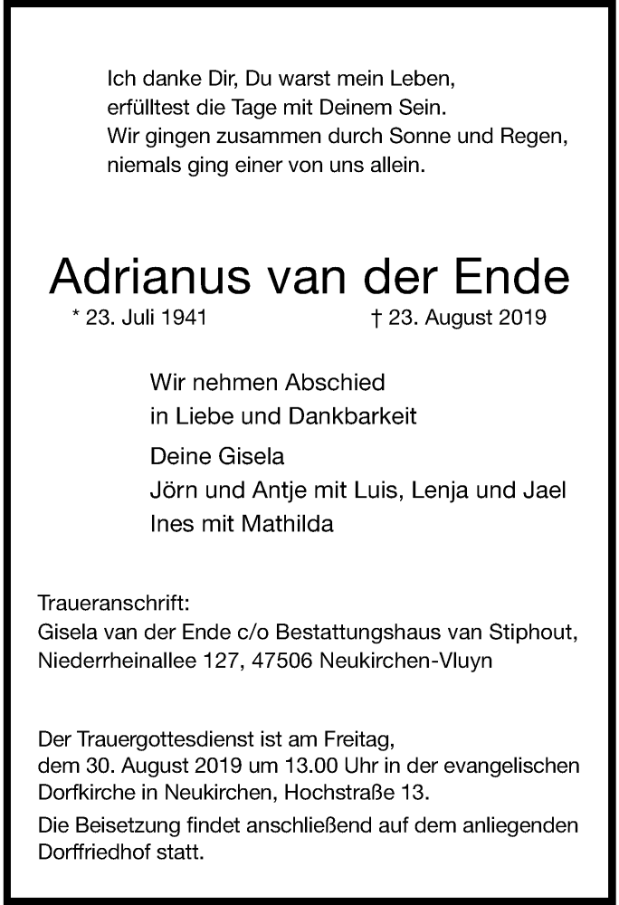  Traueranzeige für Adrianus van der Ende vom 28.08.2019 aus trauer.stadt-panorame.de