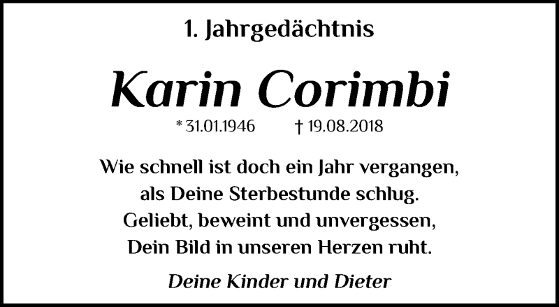  Traueranzeige für Karin Corimbi vom 18.08.2019 aus trauer.mein.krefeld.de