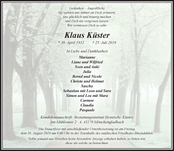 Traueranzeige von Klaus Küster von trauer.extra-tipp-moenchengladbach.de