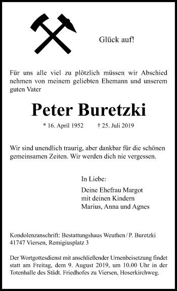 Traueranzeige von Peter Buretzki von trauer.extra-tipp-moenchengladbach.de