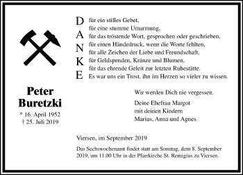 Traueranzeige von Peter Buretzki von trauer.extra-tipp-moenchengladbach.de