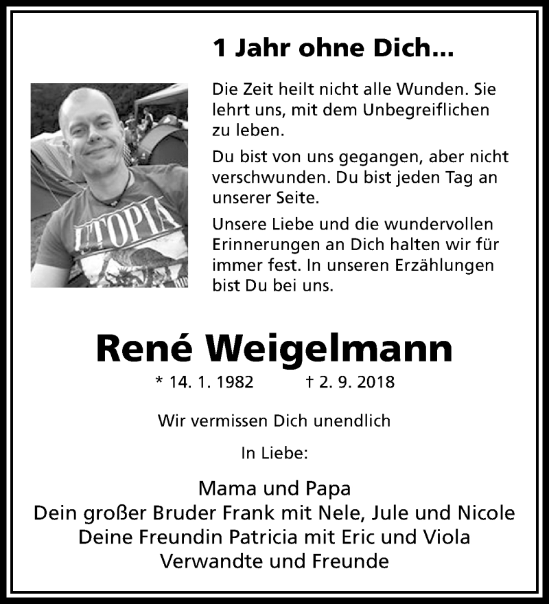  Traueranzeige für Rene Weigelmann vom 01.09.2019 aus trauer.extra-tipp-moenchengladbach.de