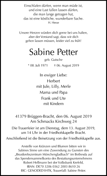 Traueranzeige von Sabine Petter von trauer.extra-tipp-moenchengladbach.de