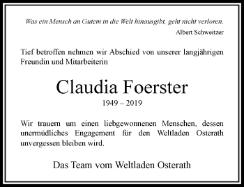 Traueranzeige von Claudia Foerster von trauer.extra-tipp-moenchengladbach.de