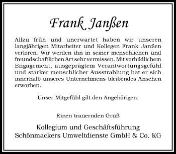 Traueranzeige von Frank Janßen von trauer.extra-tipp-moenchengladbach.de