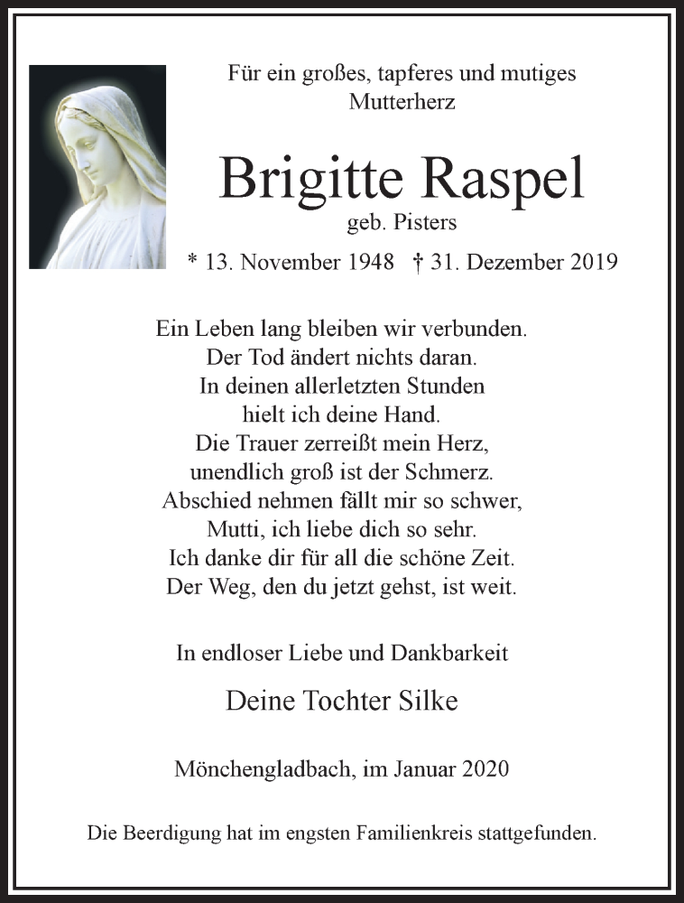  Traueranzeige für Brigitte Raspel vom 12.01.2020 aus trauer.extra-tipp-moenchengladbach.de