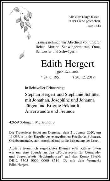 Traueranzeige von Edith Hergert von trauer.wuppertaler-rundschau.de