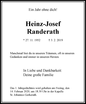 Traueranzeige von Heinz-Josef Randerath von trauer.extra-tipp-moenchengladbach.de