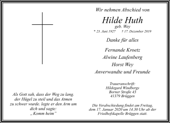 Traueranzeige von Hilde Huth von trauer.extra-tipp-moenchengladbach.de