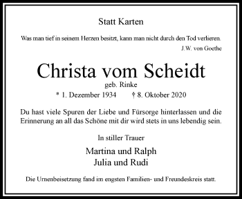 Traueranzeige von Christa vom Scheidt von trauer.wuppertaler-rundschau.de