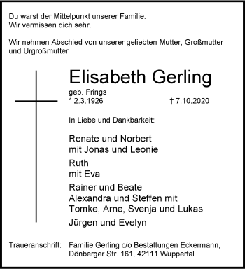 Traueranzeige von Elisabeth Gerling von trauer.wuppertaler-rundschau.de