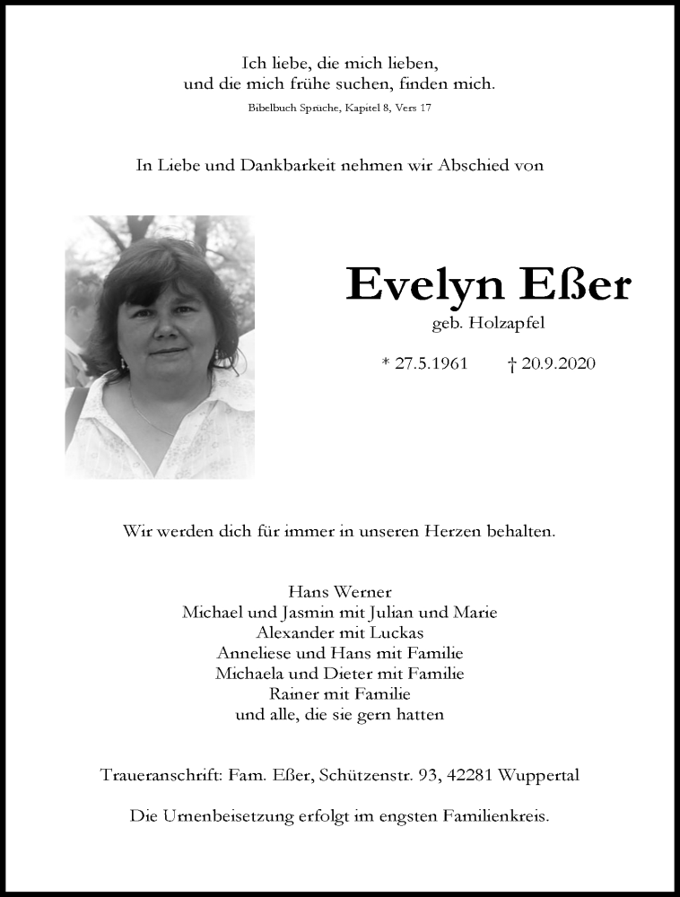  Traueranzeige für Evelyn Eßer vom 10.10.2020 aus trauer.wuppertaler-rundschau.de