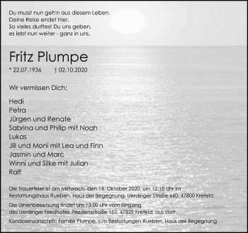 Traueranzeige von Fritz Plumpe von trauer.mein.krefeld.de