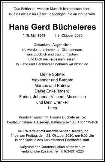 Traueranzeige von Hans Gerd Bücheleres von trauer.extra-tipp-moenchengladbach.de