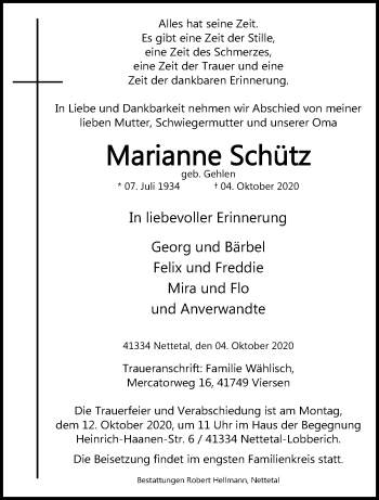 Traueranzeige von Marianne Schütz von trauer.extra-tipp-moenchengladbach.de