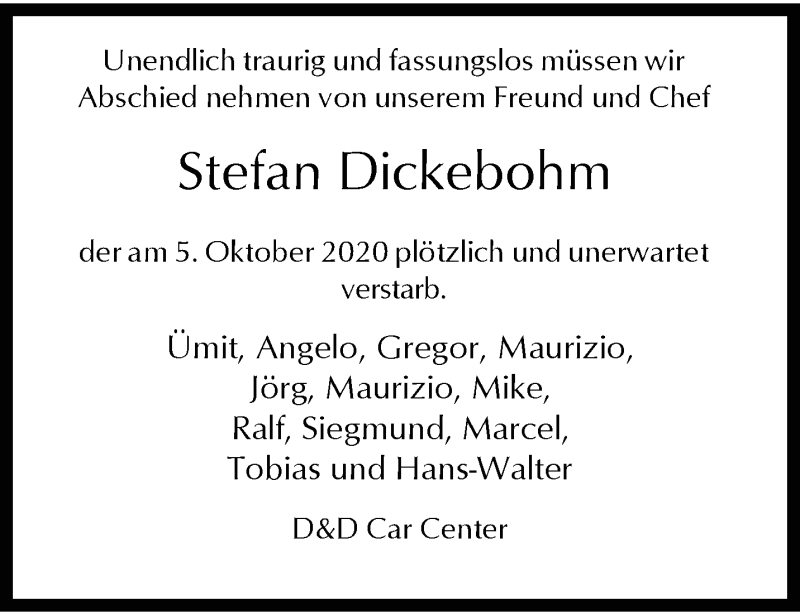  Traueranzeige für Stefan Dickebohm vom 10.10.2020 aus trauer.wuppertaler-rundschau.de