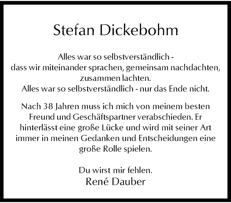  Traueranzeige für Stefan Dickebohm vom 10.10.2020 aus trauer.wuppertaler-rundschau.de