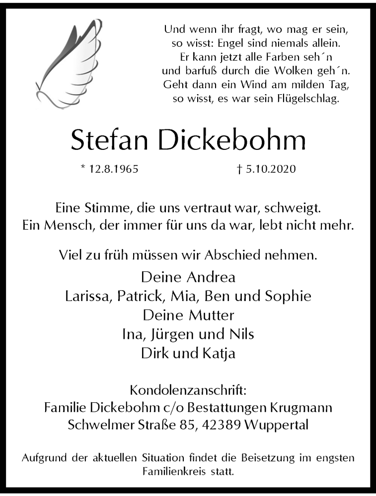  Traueranzeige für Stefan Dickebohm vom 10.10.2020 aus trauer.wuppertaler-rundschau.de