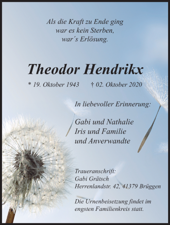 Traueranzeige von Theodor Hendrikx von trauer.extra-tipp-moenchengladbach.de