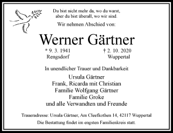 Traueranzeige von Werner Gärtner von trauer.wuppertaler-rundschau.de