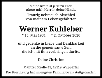 Traueranzeige von Werner Kuhleber von trauer.wuppertaler-rundschau.de