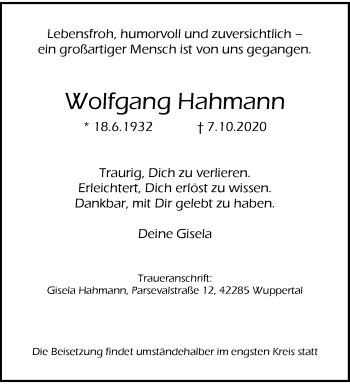 Traueranzeige von Wolfgang Hahmann von trauer.wuppertaler-rundschau.de