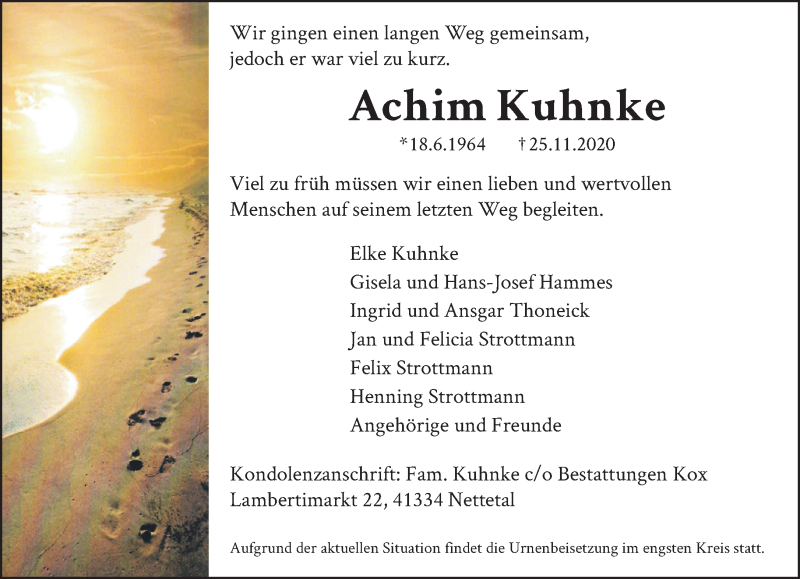  Traueranzeige für Achim Kuhnke vom 29.11.2020 aus trauer.extra-tipp-moenchengladbach.de