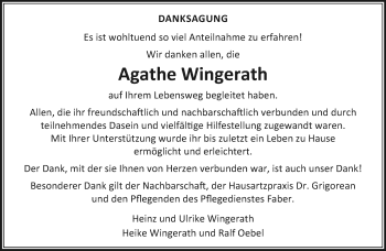 Traueranzeige von Agathe Wingerath von trauer.extra-tipp-moenchengladbach.de