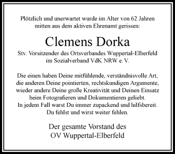 Traueranzeige von Clemens Dorka von trauer.wuppertaler-rundschau.de