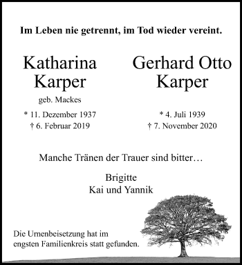 Traueranzeige von Katharina und Gerhard Otto Karper von trauer.extra-tipp-moenchengladbach.de