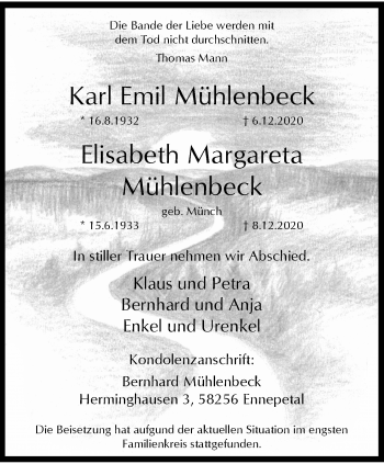 Traueranzeige von Karl Emil und Elisabeteh Margareta Mühlenbeck von trauer.wuppertaler-rundschau.de