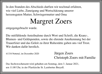 Traueranzeige von Margret Zoers von trauer.extra-tipp-moenchengladbach.de