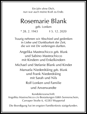 Traueranzeige von Rosemarie Blank von trauer.wuppertaler-rundschau.de