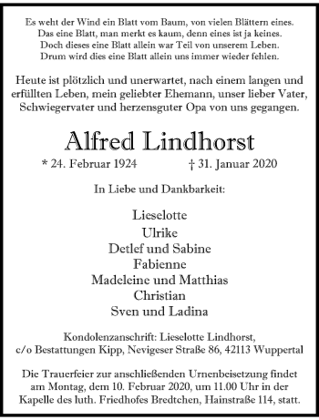 Traueranzeige von Alfred Lindhorst von trauer.wuppertaler-rundschau.de