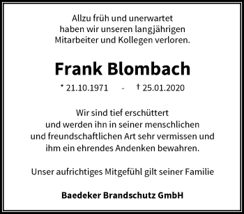 Traueranzeige von Frank Blombach von trauer.wuppertaler-rundschau.de
