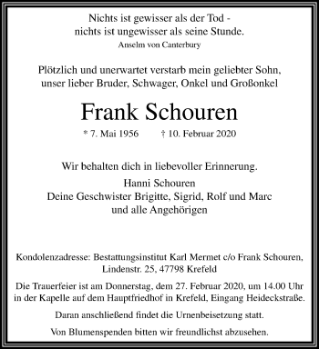 Traueranzeige von Frank Schouren von trauer.mein.krefeld.de