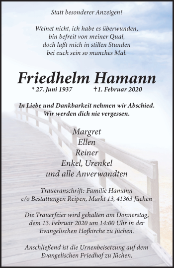 Traueranzeige von Friedhelm Hamann von trauer.stadt-kurier.de
