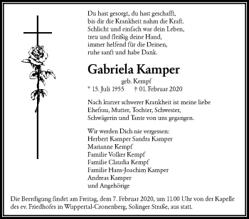 Traueranzeige von Gabriela Kamper von trauer.wuppertaler-rundschau.de