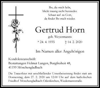 Traueranzeige von Gertrud Horn von trauer.extra-tipp-moenchengladbach.de