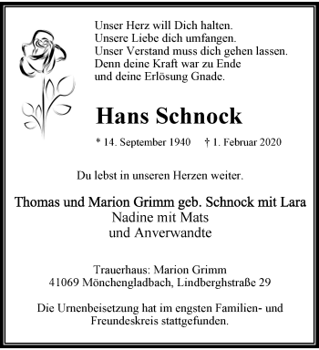 Traueranzeige von Hans Schnock von trauer.extra-tipp-moenchengladbach.de