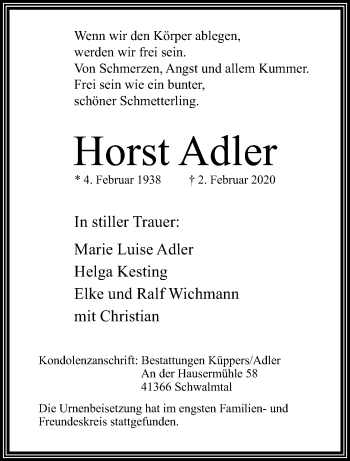 Traueranzeige von Horst Adler von trauer.extra-tipp-moenchengladbach.de