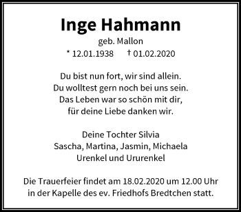 Traueranzeige von Inge Hahmann von trauer.wuppertaler-rundschau.de
