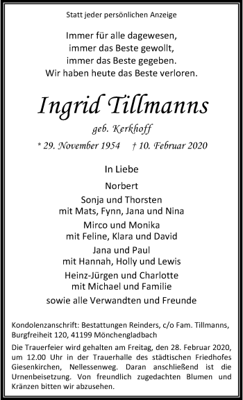 Traueranzeige von Ingrid Tillmanns von trauer.extra-tipp-moenchengladbach.de