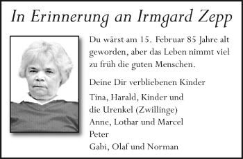Traueranzeige von Irmgard Zepp von trauer.extra-tipp-moenchengladbach.de