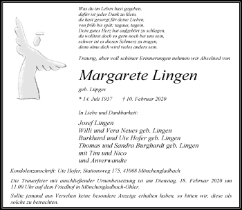 Traueranzeige von Margarete Lingen von trauer.extra-tipp-moenchengladbach.de