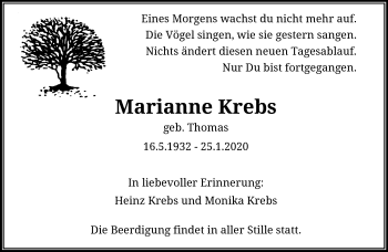 Traueranzeige von Marianne Krebs von trauer.wuppertaler-rundschau.de